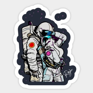 Vector - cosmic love of cosmonauts, man hugs woman. Pop art retro comic book vector cartoon vector illustration hand drawing Sticker